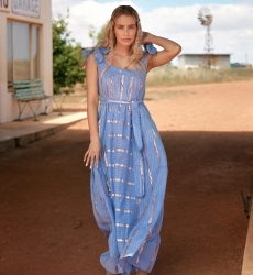 Miss June Paris — Vestido Largo Aly en Algodón Lurex Rayado Azul