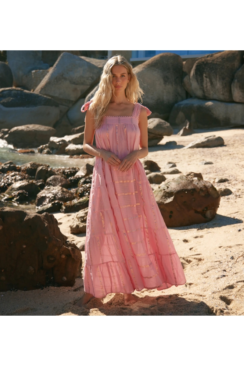 Miss June Paris — Abito Lungo Aly in Cotone Lurex Rigato Blu