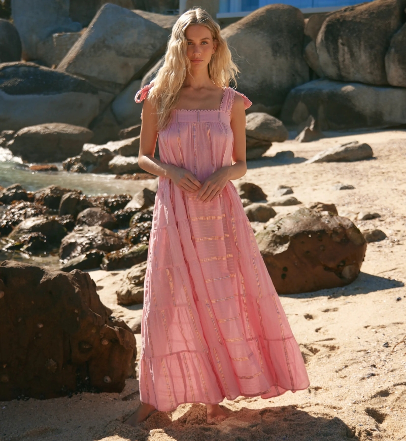 Miss June Paris — Abito Lungo Aly in Cotone Lurex Rigato Blu