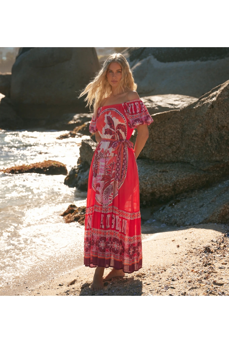 Miss June Paris — Abito Lungo Peony in Modal Rosso Bardot