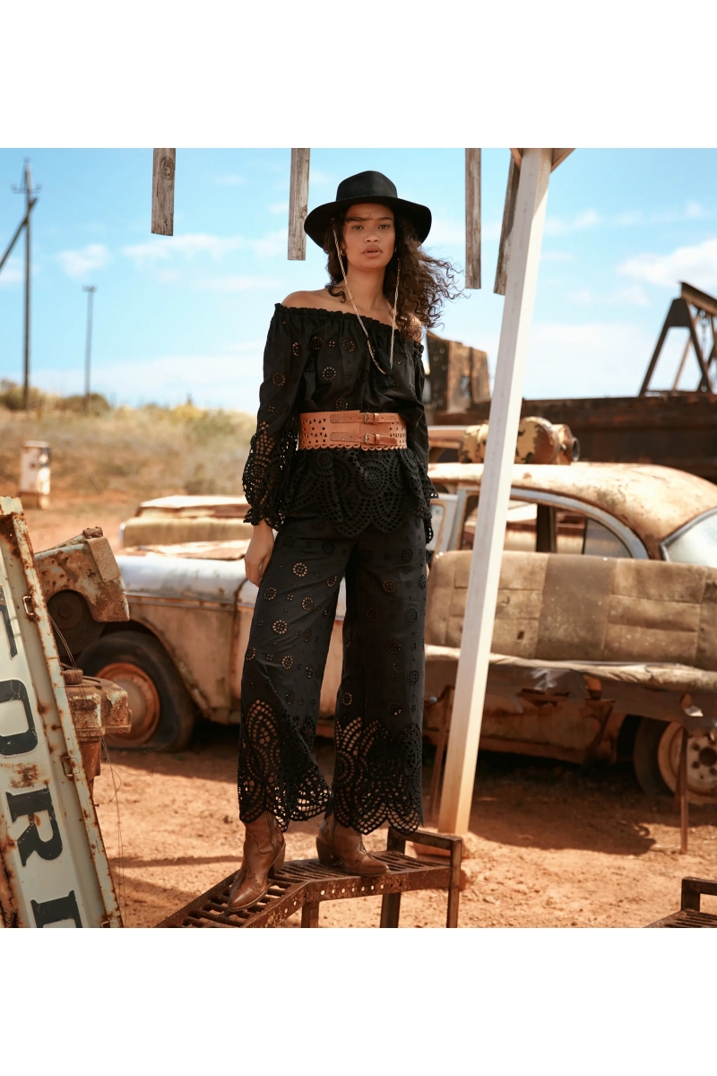 Miss June Paris — Opaline Bardot Eyelet Embroidered Cotton Top