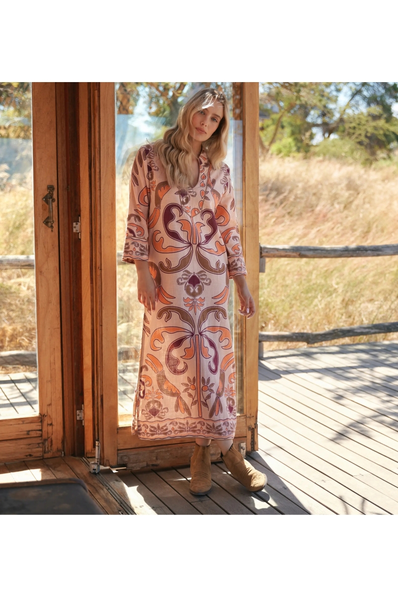 Robe Cruise – Robe longue à manches longues, en coton slub imprimé, 100 % coton – Miss June Paris-6