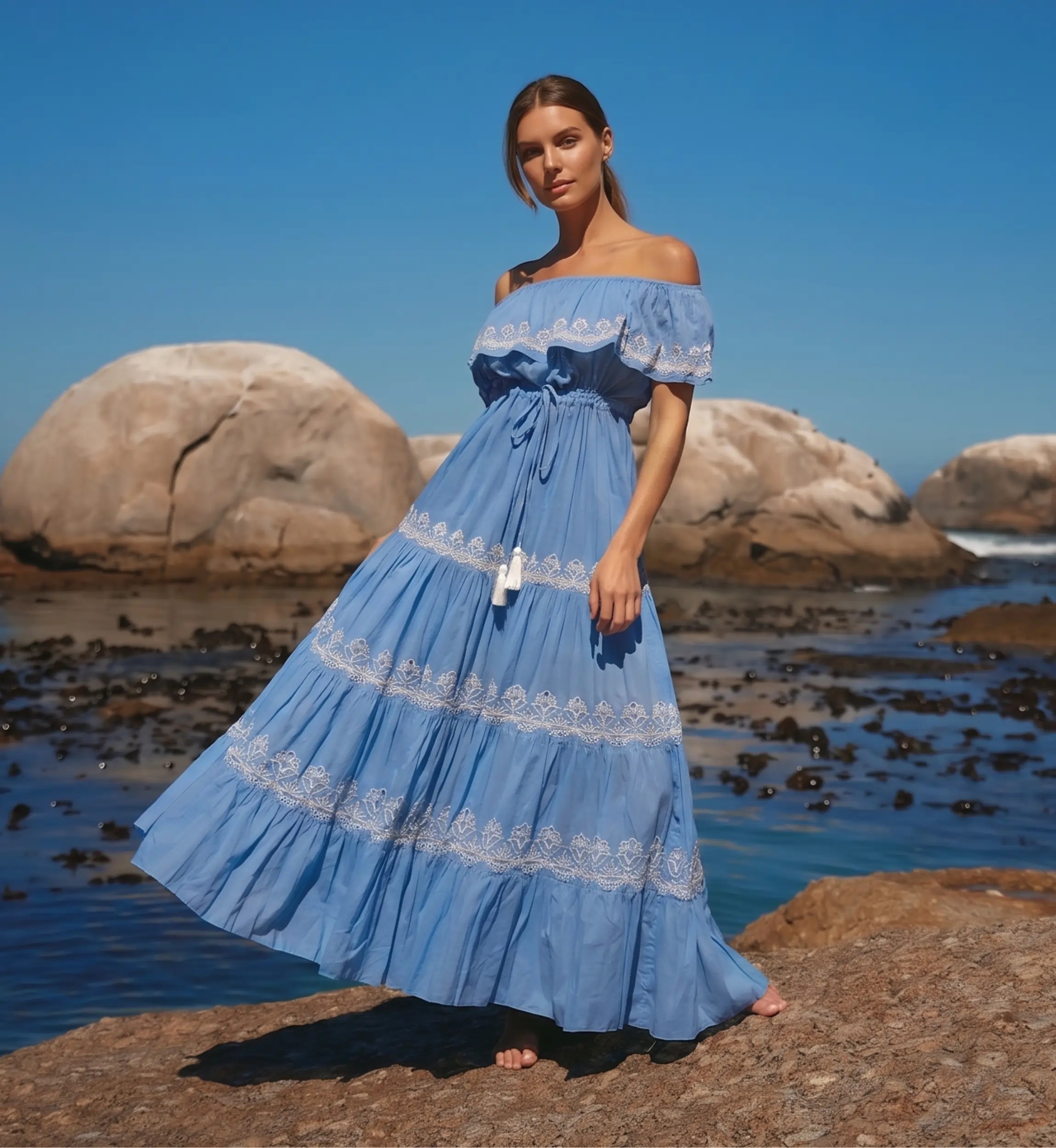 Vestido Largo Malone Off-Shoulder en Tela de Algodón con Encaje | Vest