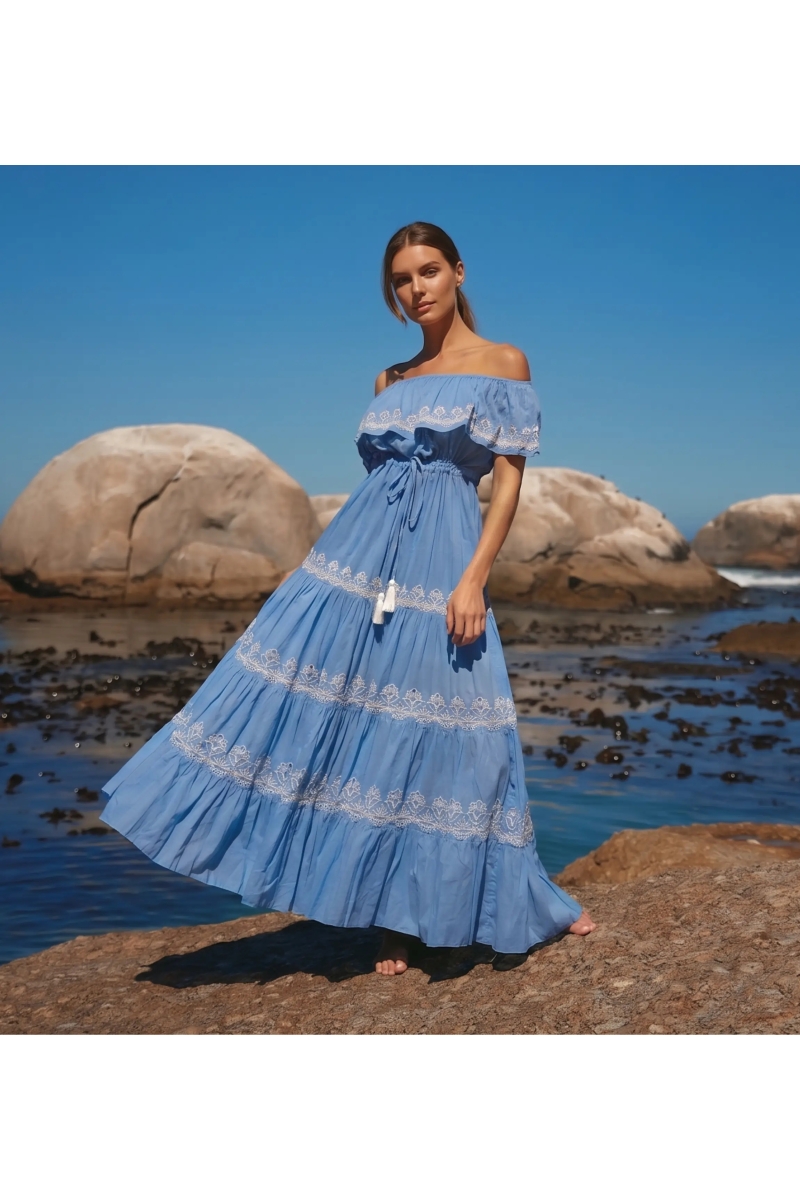 Vestido Largo Malone Off-Shoulder en Tela de Algodón con Encaje | Vest