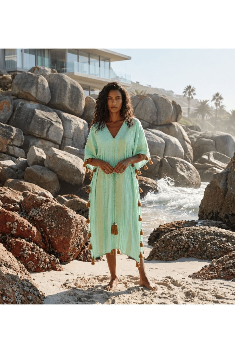 Kaftan long bleu clair transparent avec motifs géométriques dorés, col en V et pompons bruns. Idéal plage et villa.
