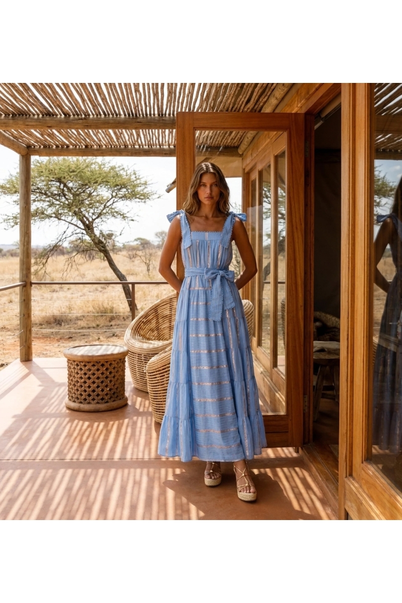 Vestido Largo Aly en Algodón Lurex Rayado Azul | Vestidos Largos — Mis