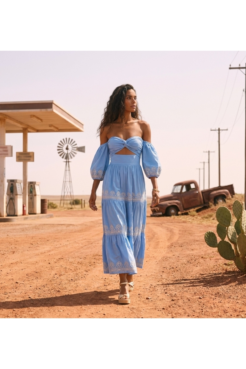 Abito Lungo Oxane Off-Shoulder in Cotone Ricamato