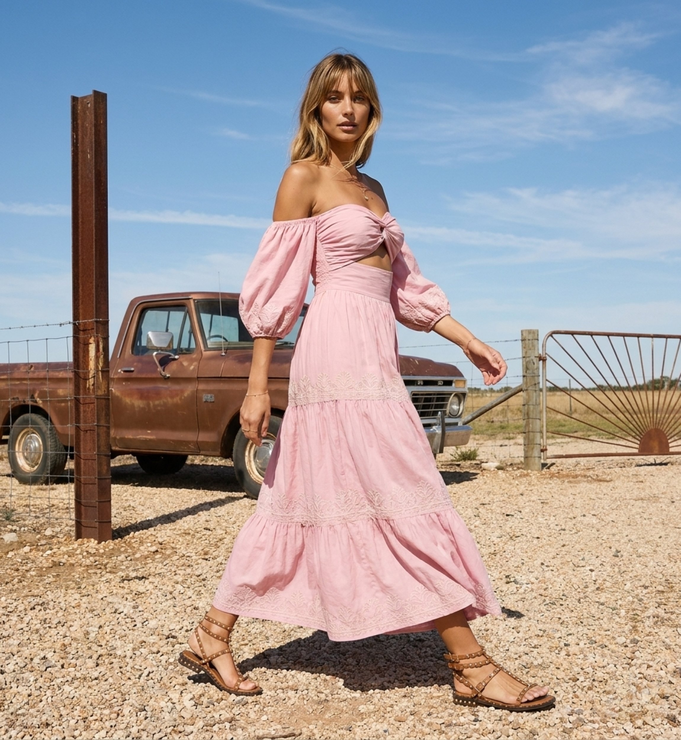 Vestido Longo Oxane Off-Shoulder em Algodão Bordado