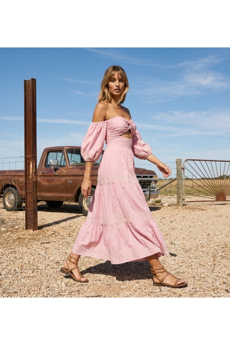 Robe Longue Oxane Off-Shoulder en Coton Brodé