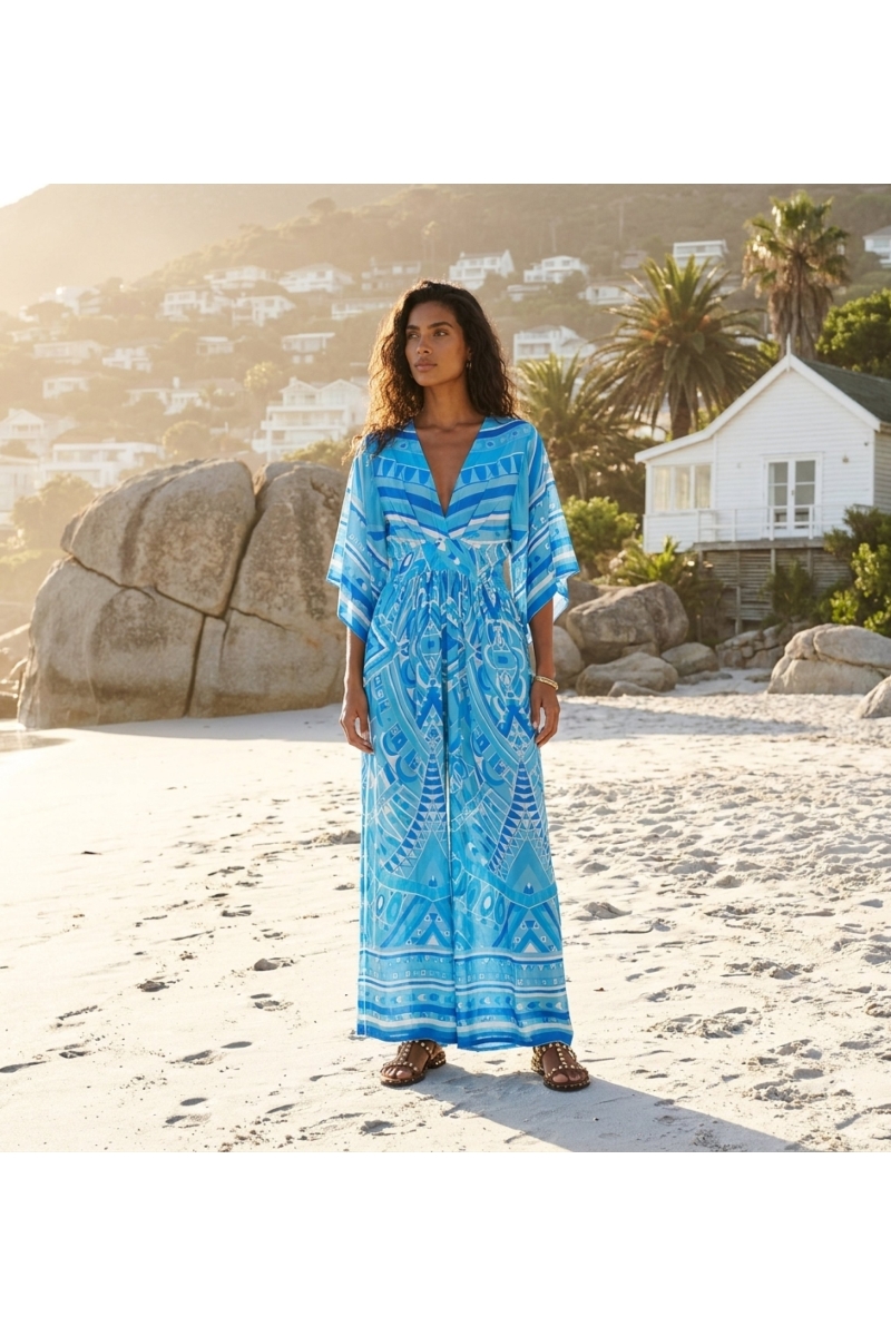 Combinaison pantalon femme bleue, coupe élégante décontractée, idéale pour l'été, vue d'ensemble du vêtement.