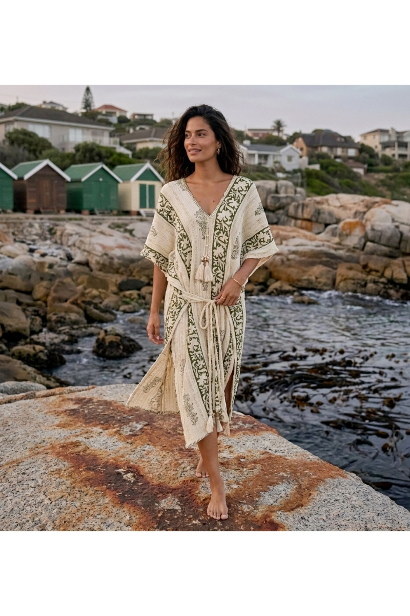 Cafetã Longo Giulia em Algodão 100% Motivos Ornamentais | Caftan Longo —