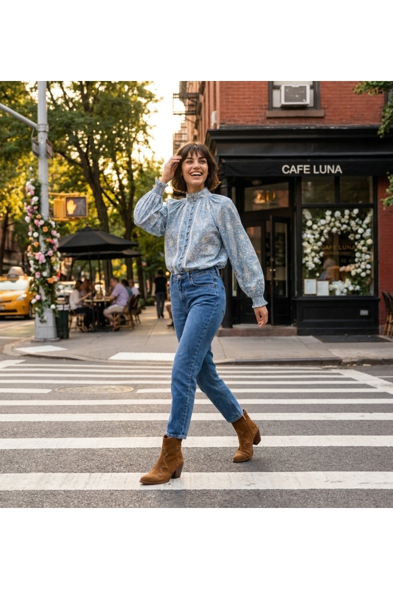 Chemisier femme élégant, coupe classique, tissu fluide, idéal pour un look chic urbain ou une sortie en ville.