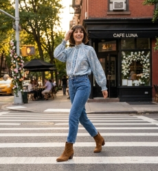 Camicia elegante da donna, taglio classico, tessuto leggero, perfetta per un look urbano chic o un caffè in città.