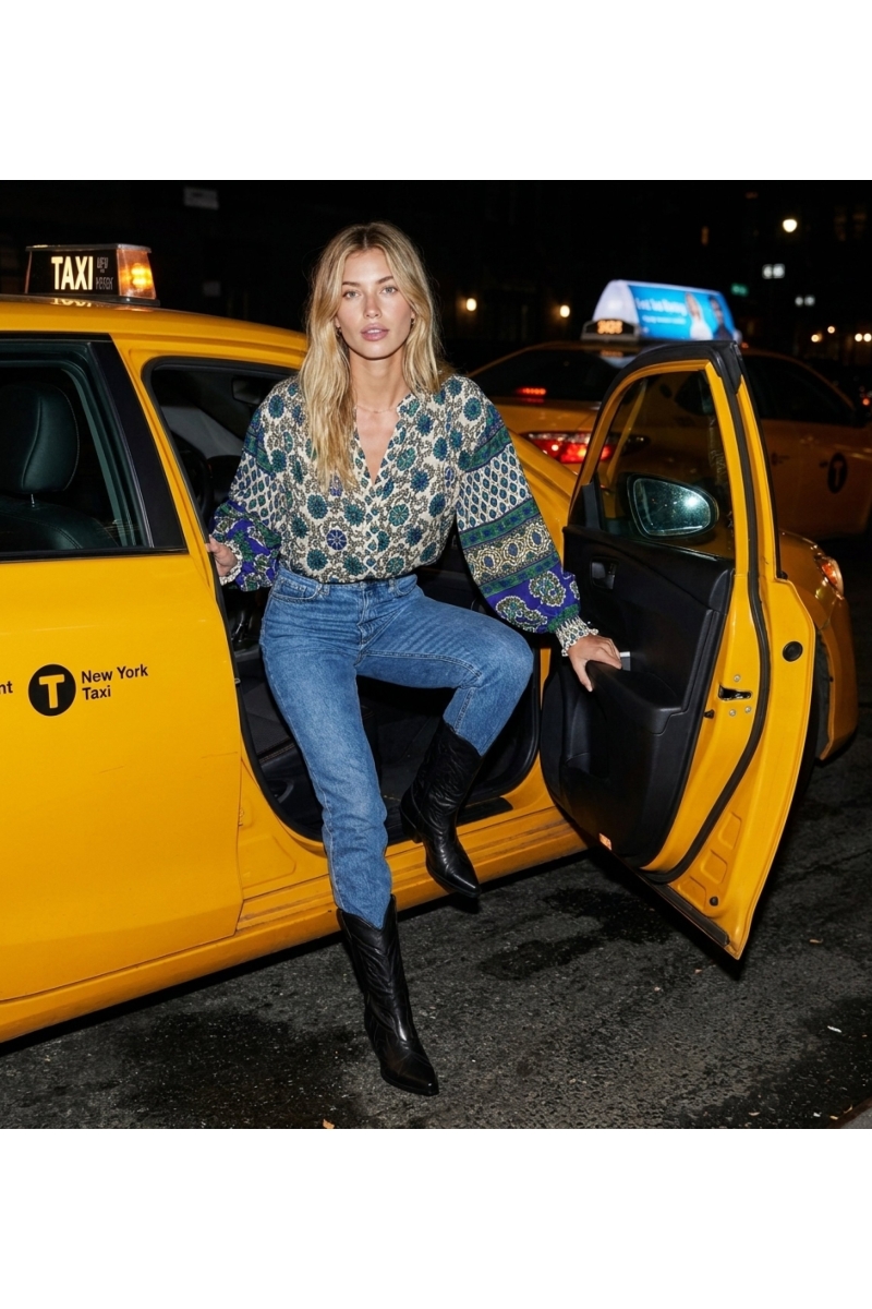 Elegante Damenbluse, stilvoller Abend-Look, beim Aussteigen aus einem Taxi mit dynamischem Blitzeffekt in der Stadt.