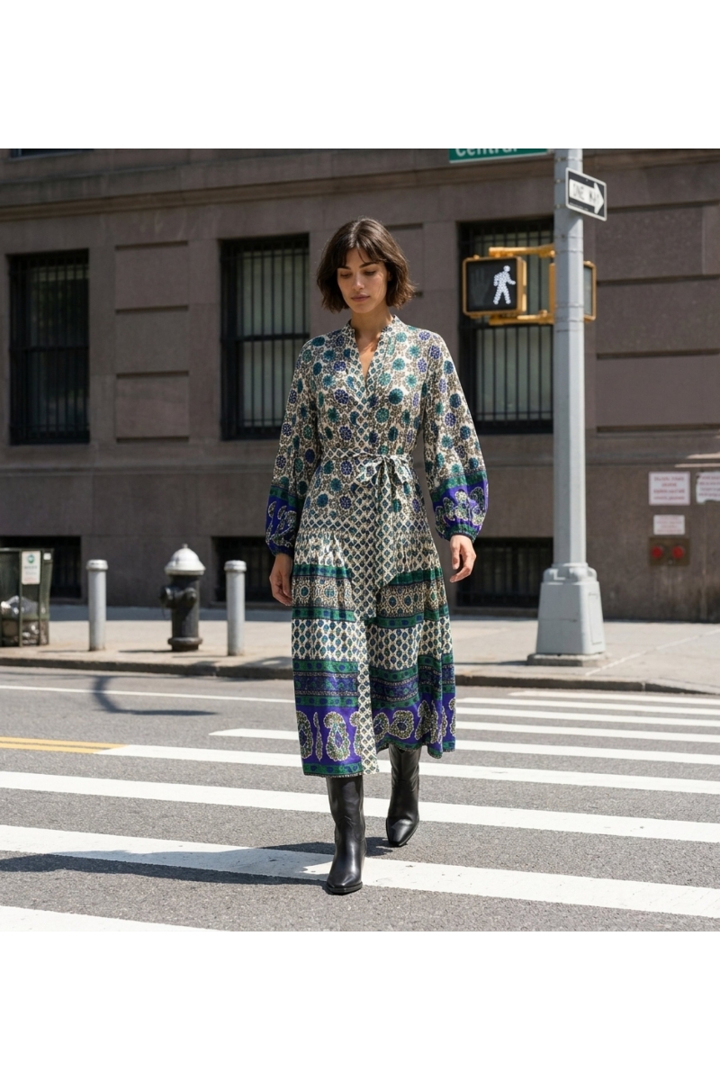 Abito lungo elegante in tessuto fluido, ambientato in un contesto urbano chic, perfetto per la città.