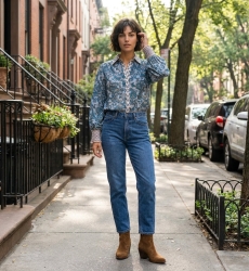 Camicetta da donna elegante, stile moderno, perfetta per uscite in città, fotografata su un vivace marciapiede urbano.