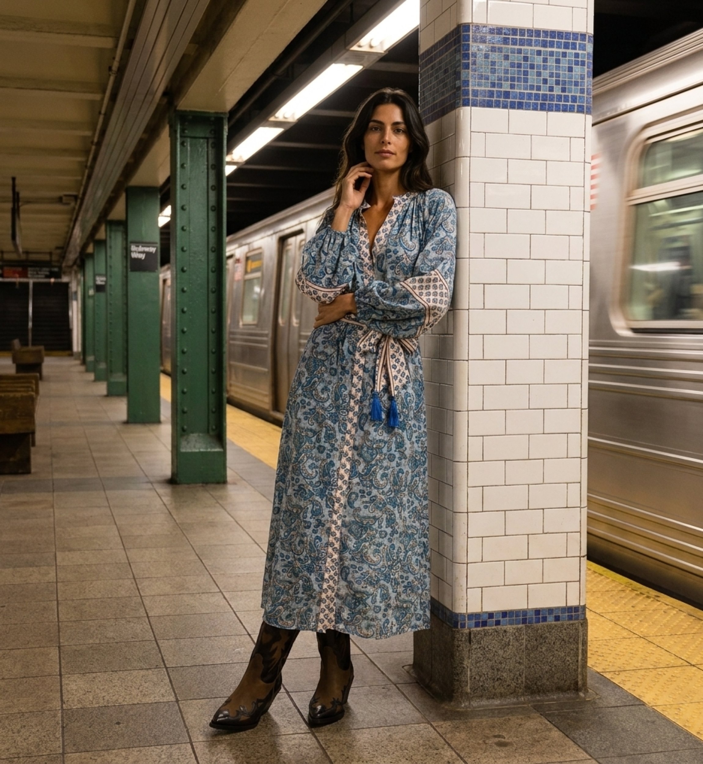 Mulher em vestido longo fluido estilo quimono em plataforma de metrô urbano com trem borrado. Moda urbana chique.