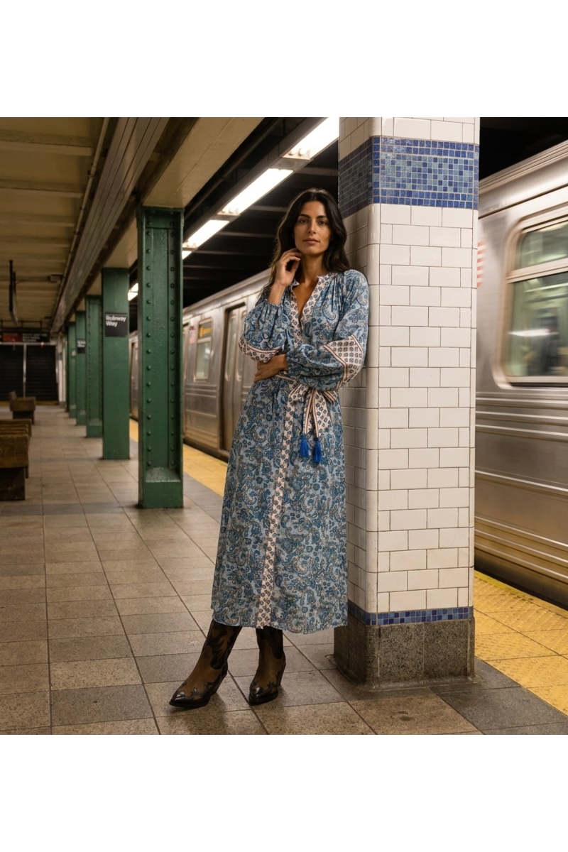 Mulher em vestido longo fluido estilo quimono em plataforma de metrô urbano com trem borrado. Moda urbana chique.