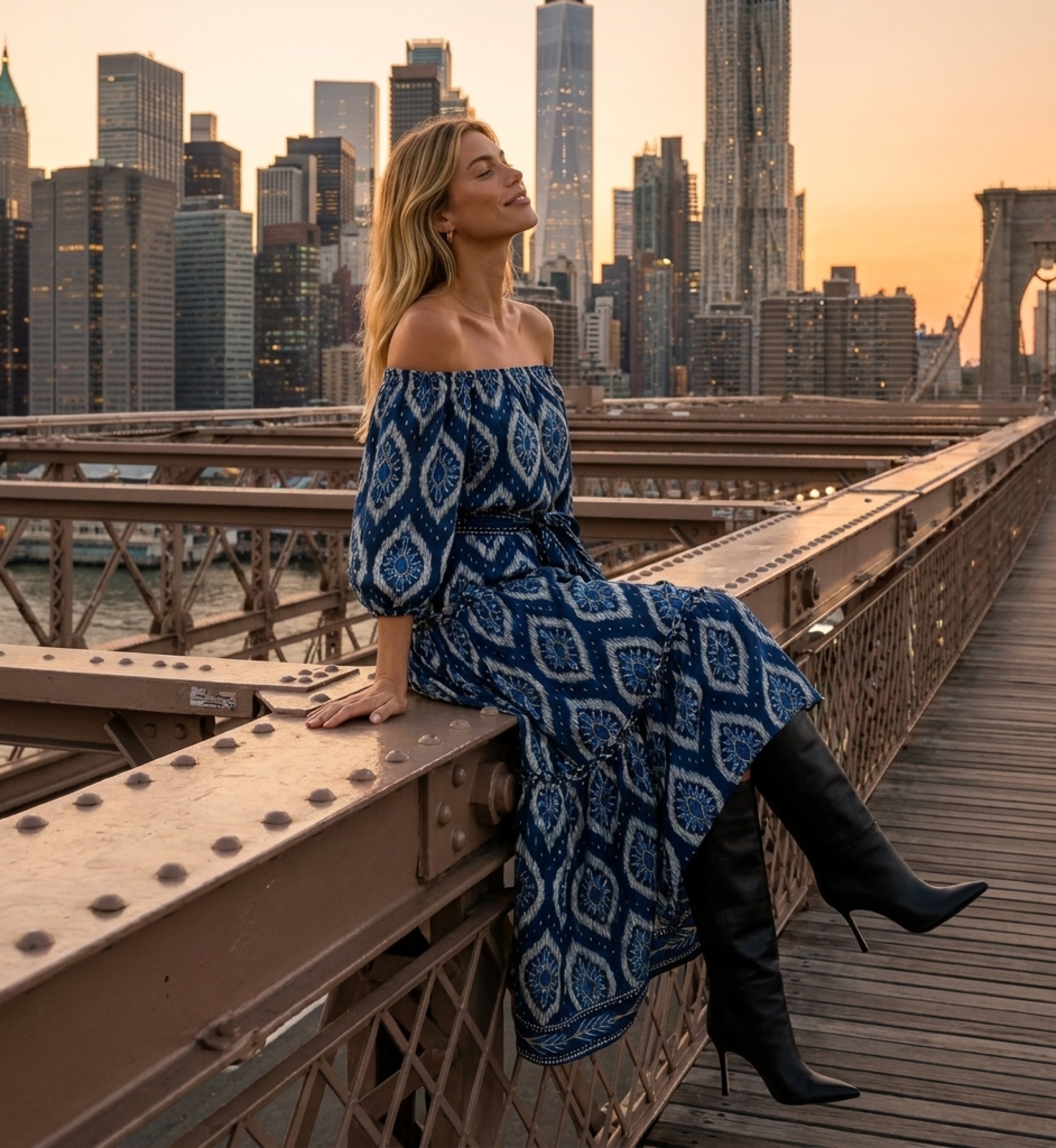 Marineblaues schulterfreies Stufen-Maxikleid mit weißem Ikat-Muster, Puffärmeln, Bindegürtel, Model bei Sonnenuntergang.