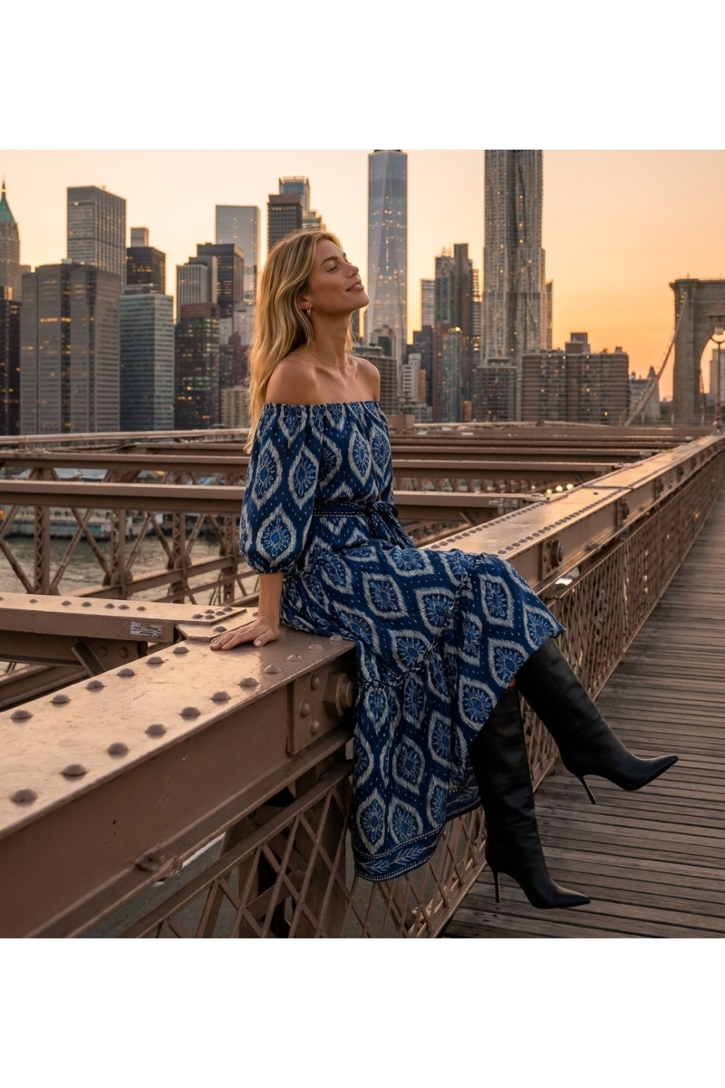 Marineblaues schulterfreies Stufen-Maxikleid mit weißem Ikat-Muster, Puffärmeln, Bindegürtel, Model bei Sonnenuntergang.