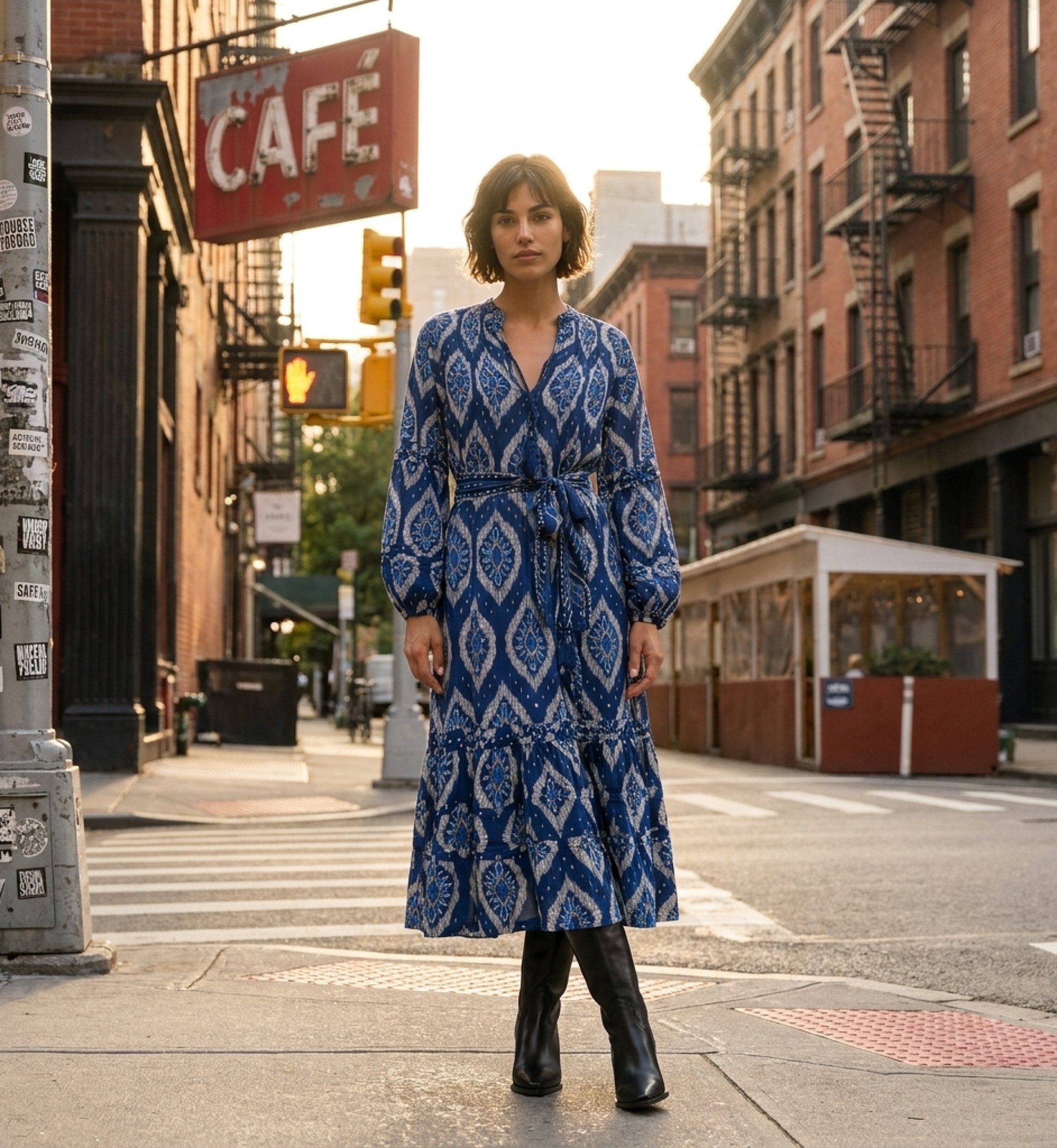 Blue and white ikat midi dress with long puff sleeves, tiered skirt, and tie belt, street style shot.