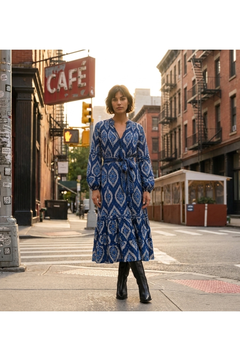 Abito midi ikat blu e bianco con maniche lunghe a sbuffo, gonna a balze, cintura con fiocco, street style.
