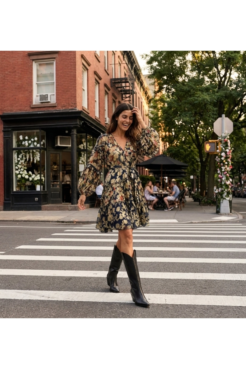 Marineblaues Blumenkleid, kurzärmlig, V-Ausschnitt, Stufenrock, Bindegürtel, leichter Stoff, urbaner Café-Look.