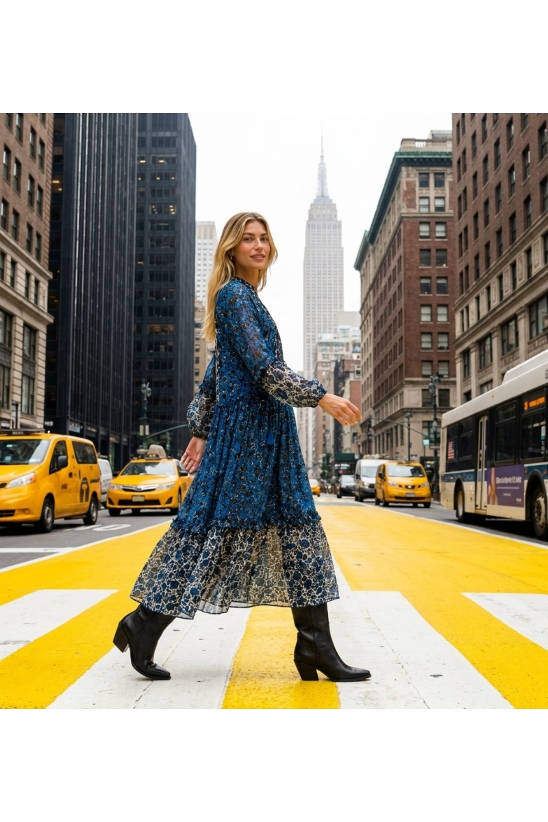 Langärmliges Stufen-Maxikleid mit blau-schwarz-weißem Blumenmuster, fließender, leichter Stoff, Streetstyle-Ansicht.