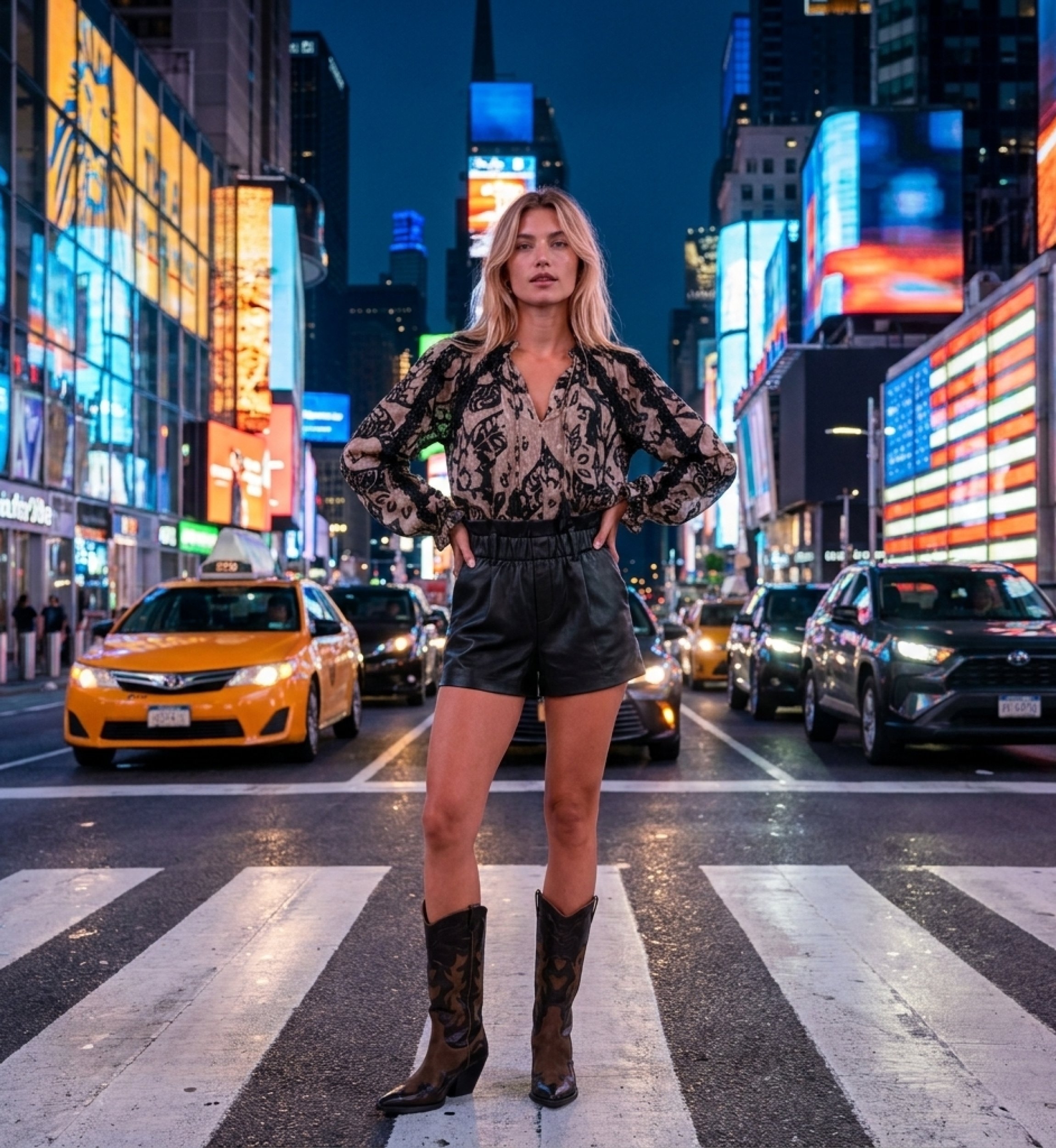 Schwarze Leder-Shorts mit hohem Paperbag-Bund und weitem Schnitt, stilvoll präsentiert in urbaner Nachtkulisse.