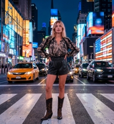 Black leather paperbag waist shorts with a high-rise, wide-leg cut, styled in an urban night setting.