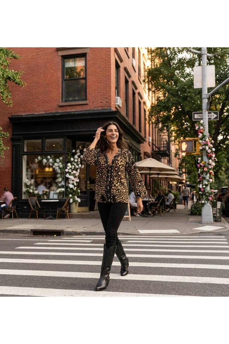 Blusa nera ampia con stampa leopardata oro e bianco, scollo a balze, pompon e nappe, stile casual esterno.