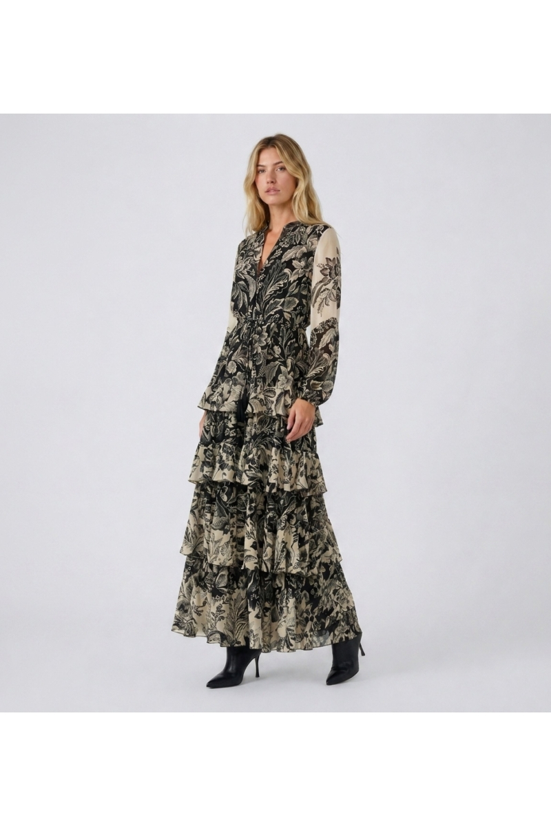 Abito lungo maxi floreale nero e beige con scollo a V, maniche lunghe, vita elasticizzata e gonna a balze a strati, tessuto legg