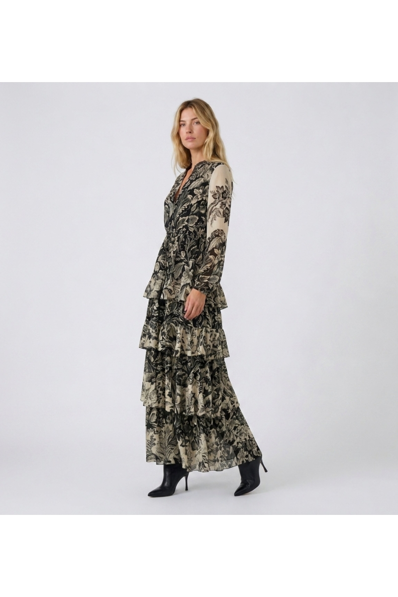Robe longue maxi noire et beige, imprimé floral, col V, manches longues, taille élastique, jupe à volants étagés.