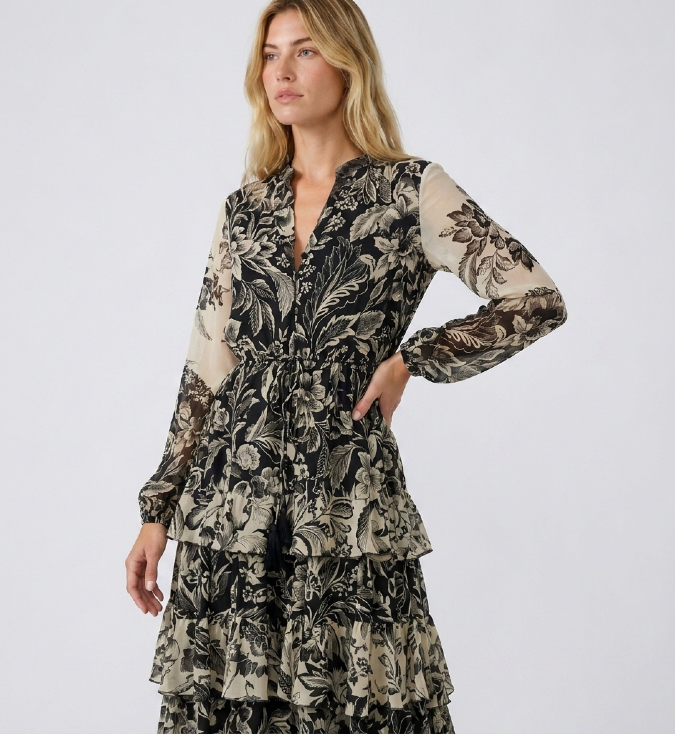 Black beige floral print maxi dress, V-neck, long sleeves, elasticated waist, tiered ruffled skirt, lightweight fabric, three-qu