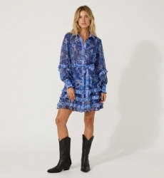 Vestito corto trasparente blu e bianco a fiori, maniche lunghe a balze, colletto e gonna a strati.