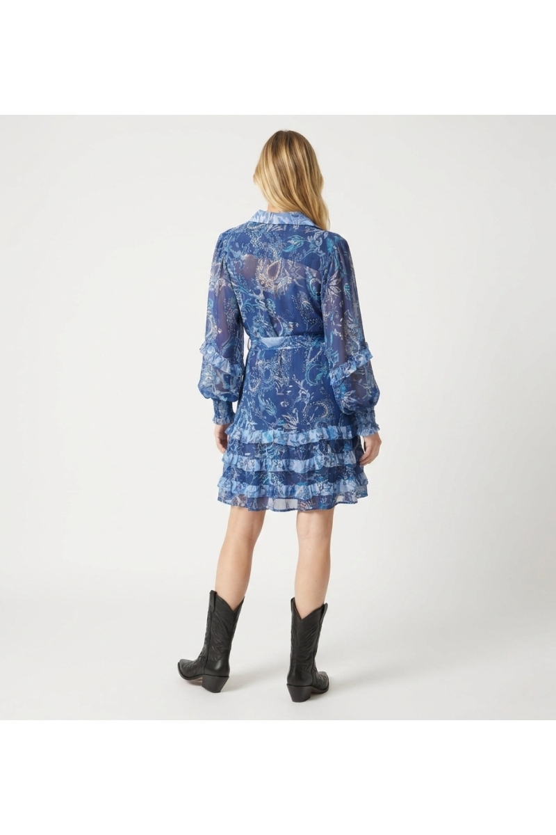 Rückenansicht: Transparentes blau-weißes Blumen-Minikleid, lange Rüschenärmel, Kragen, gestufter Rock.