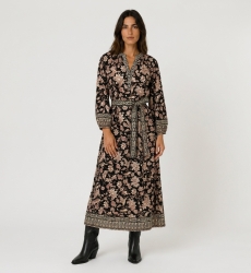 Schwarzes florales Midikleid mit beigem und rotem Muster, V-Ausschnitt, langen Ballonärmeln und Bindegürtel.