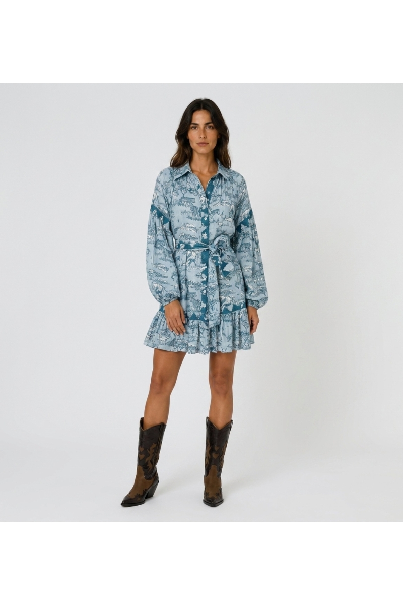 Hellblaues und petrolfarbenes Hemdblusenkleid mit Safari-Toile-Muster, Ballonärmeln, Kragen, Bindegürtel, Rüschensaum, Vorderans