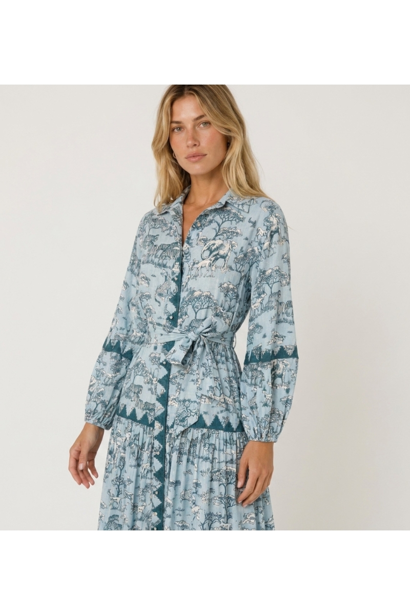 Vestito lungo camicia maniche lunghe azzurro e petrolio, fantasia safari, collo, bottoni, cintura.