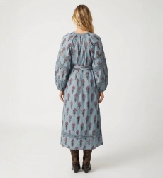 Light blue floral midi dress with red and dark brown patterns, long balloon sleeves, tie-waist with tassels, back view.
