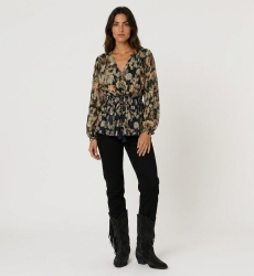 Marineblaue transparente Langarm-Bluse mit buntem Blumen- und Goldblattmuster, V-Ausschnitt und Tunnelzugbund, Vorderansicht.