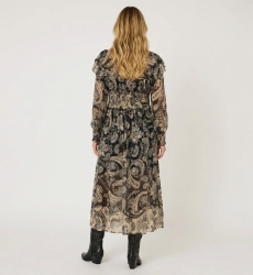 Back view of a black & beige paisley print midi dress, long sleeves, ruffled high neck, shirred waist, sheer fabric.
