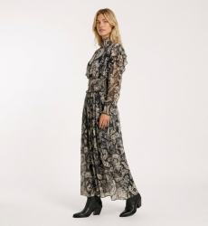 Elegante abito midi nero e beige stampa paisley, maniche lunghe trasparenti, collo a balze, vita arricciata.
