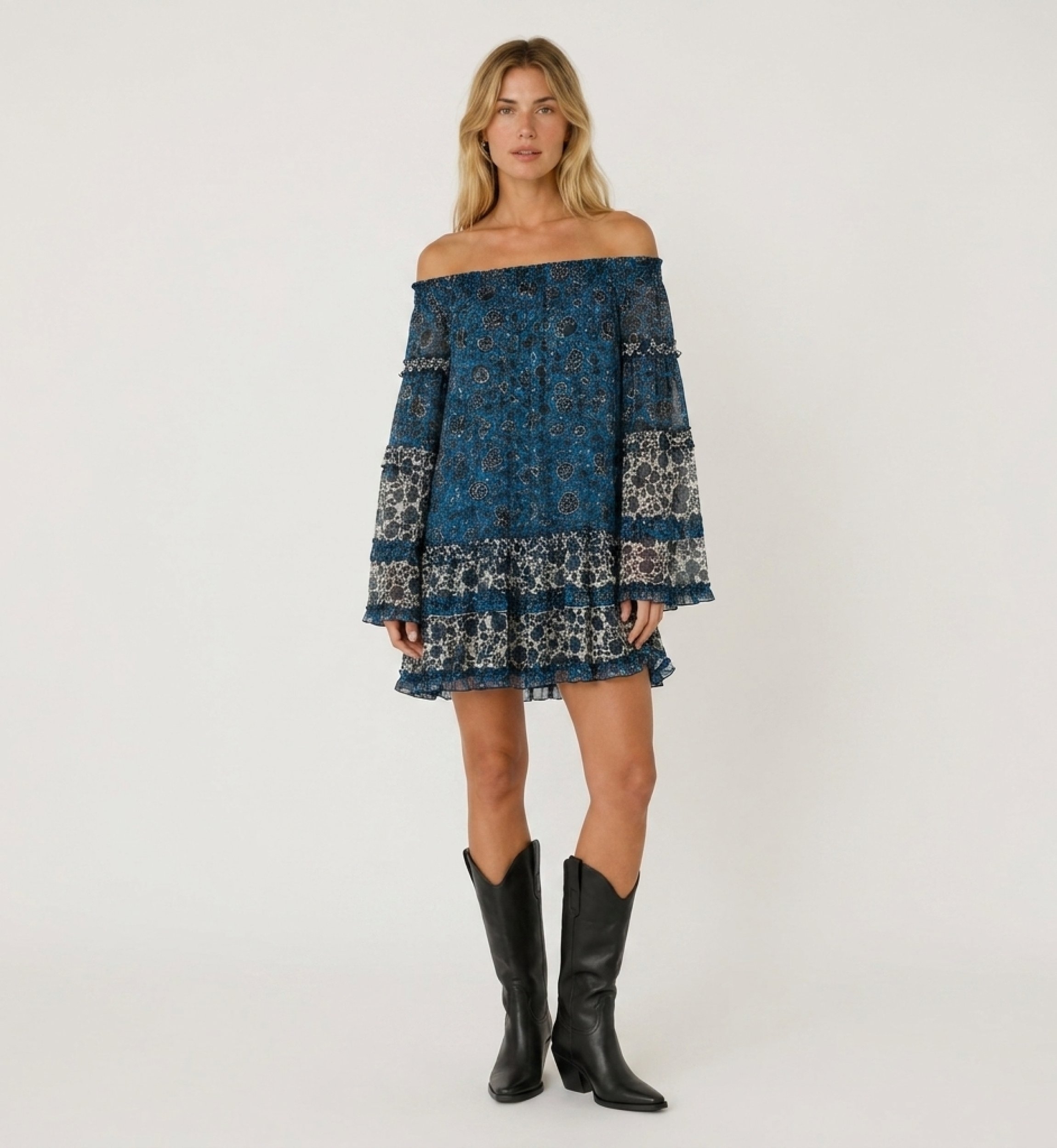 Front view of a blue and white off-the-shoulder mini dress with long sleeves, tiered ruffles, and sheer floral print.
