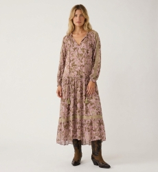 Langes Lavendel-Maxikleid mit langen Ärmeln, dunklem Blumenmuster, salbeigrüner Spitze und Kordelzugausschnitt mit Quasten.