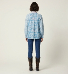 Women's blue floral long-sleeve blouse, high neck, loose fit, cotton-like fabric, back view.