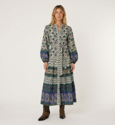 Midi-Kleid langärmlig Creme, Blau, Grün, geometrische florale Muster, Bindegürtel, Stufenrock, Vorderansicht.