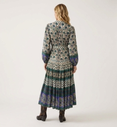 Rückenansicht eines langärmligen Midikleides in Creme, Blau, Grün mit geometrischen Blumenmustern, Bindegürtel, Stufenrock.