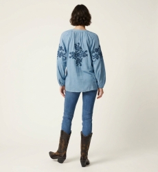 Schwarze Leinen-Look Bauernbluse, Langarm, cremefarbene Blumenstickerei. Rückansicht V-Ausschnitt Bluse zum Binden.