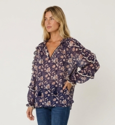 Transparente marineblaue Bluse mit weiß-pfirsichfarbenem Blumenmuster, Rüschen-Langarm, V-Ausschnitt mit Bindebändern, lockere P